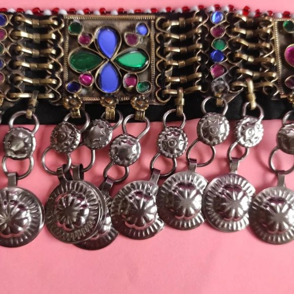 Multicolor Afghan Choker, Afghan Kuchi Glass Stones And Dangling Tassels Necklac - Picture 5 of 9